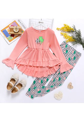 2-piece Kid Girl Lucky Clover Print Ruffled Hem High Low Long-sleeve Pink Top and Plaid Pants Set