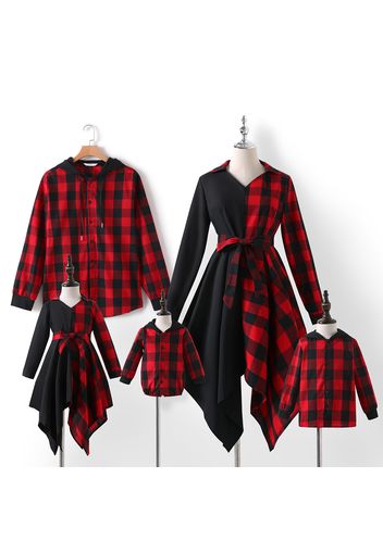 Family Matching Contrast Buffalo Plaid Long-sleeve Belted Dresses and Hooded Sweatshirts Sets