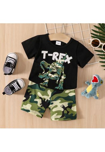 2pcs Baby Boy Camouflage Dinosaur and Letter Print Short-sleeve T-shirt with Shorts Set