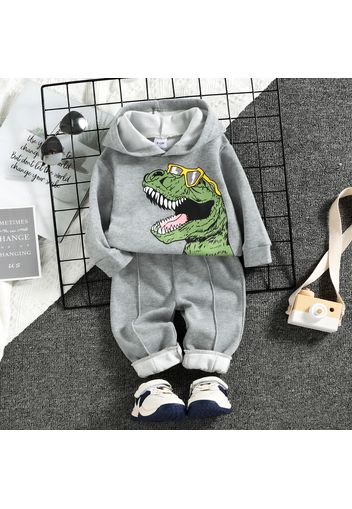 2pcs Baby Boy Cartoon Dinosaur Print Grey Long-sleeve Hoodie and Sweatpants Set