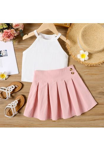 2pcs Kid Girl White Halter Camisole and Button Design Pleated Pink Skirt Set