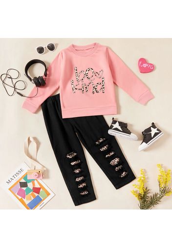 2-piece Kid Girl Letter Print Fleece Lined Pullover Sweatshirt and Leopard Print Patchwork Ripped Denim Black Jeans