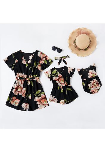 Floral Print Short-sleeve Black Cotton Shorts Rompers for Mommy and Me