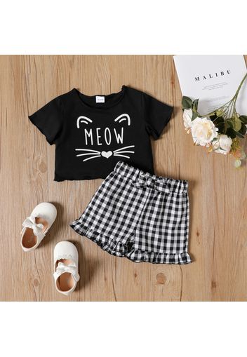 2pcs Toddler Girl Letter Cat Print Lettuce Trim Short-sleeve Black Tee and Bowknot Design Ruffled Plaid Shorts Set