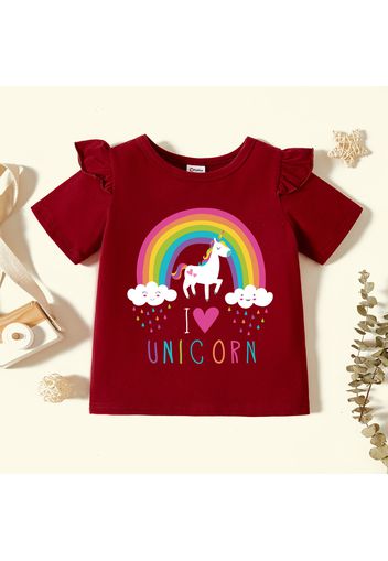 Toddler Girl Graphic Unicorn and Rainbow and Heart Print Ruffled Short-sleeve Tee