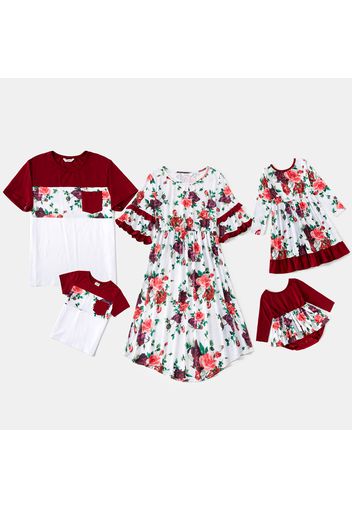 Floral Print Splice Family Matching Red and White Sets