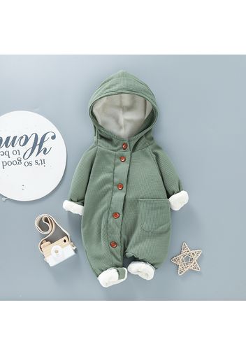 Baby Thickened Fleece Lined Solid Long-sleeve Hooded Waffle Jumpsuit