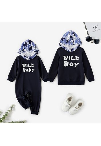 Letter Print and Camo Hooded Long-sleeve Navy Sweatshirt for Brother and Me