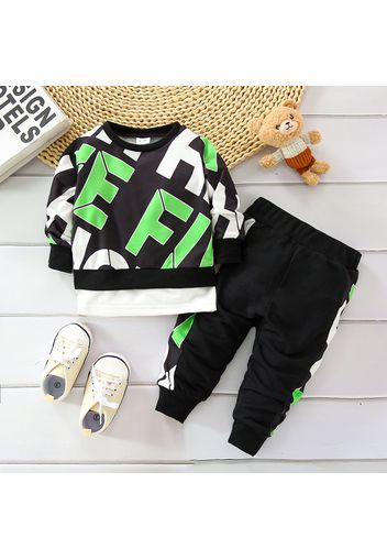 2pcs Baby Boy All Over Letter Print Long-sleeve Pullover Sweatshirt and Joggers Pants Set