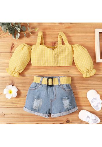 2pcs Toddler Girl Plaid Cold Shoulder Puff-sleeve Yellow Camisole and Belted Ripped Denim Jeans Set