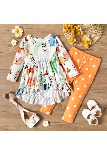 2-piece Toddler Girl Floral Print High Low Ruffled Hem Long-sleeve Top and Polka dots Pants Set