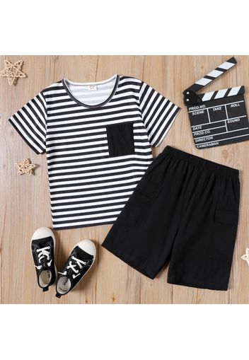 2-piece Kid Boy Pocket Design Stripe Tee and Black Cargo Shorts Set