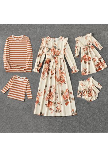 Family Matching Allover Floral Print Long-sleeve Belted Dress and Stripe Print T-shirts Sets