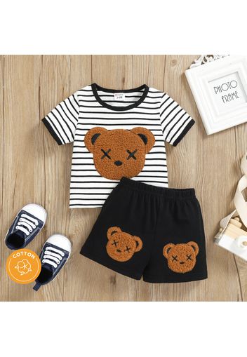 100% Cotton 2pcs Baby Boy Cartoon Bear Embroidered Striped Short-sleeve T-shirt and Shorts Set