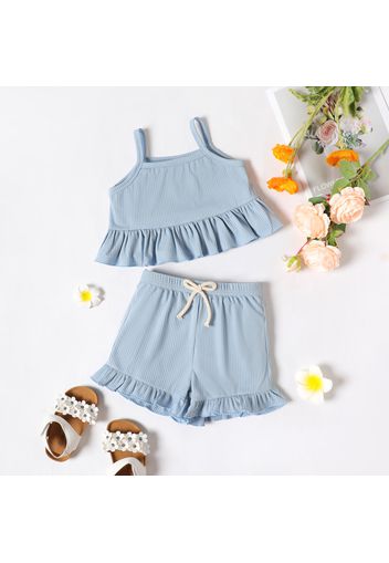 2-piece Toddler Girl Solid Color Ribbed Ruffled Camisole and Elasticized Shorts Set