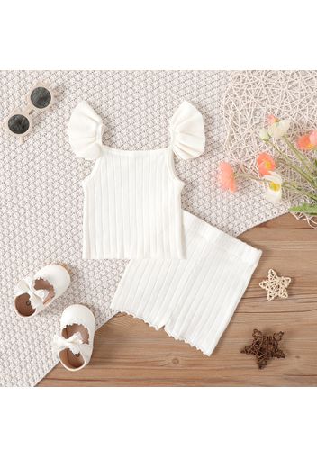 2pcs Baby Girl Solid Rib Knit Flutter-sleeve Top and Shorts Set