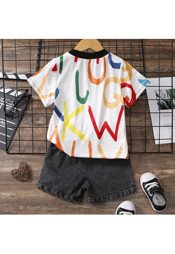 2pcs Toddler Boy Avant-garde Ripped Denim Shorts & Letter Print Tee Set