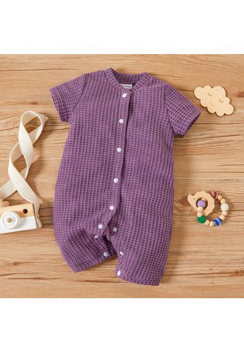 Baby Girl V Neck Short-sleeve Button Design Solid Sweet Jumpsuit