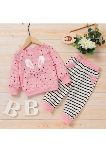 2pcs Baby Cartoon Rabbit Print Long-sleeve Waffle Pullover and Striped Trousers Set