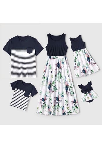 Family Matching Solid Spliced Plant Print Tank Dresses and Short-sleeve Striped T-shirts Sets