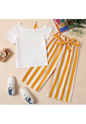 2-piece Kid Girl One Shoulder Strap Tee and Belted Stripe Paperbag Capri Pants Set