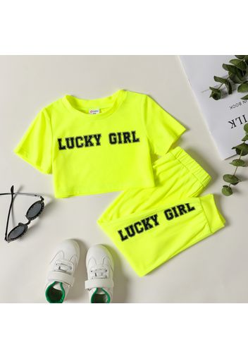 2-piece Toddler Girl Letter Print Solid Color Short-sleeve Crop Tee and Elasticized Pants Set