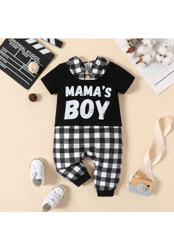 Baby Boy 95% Cotton Short-sleeve Faux-two Letter Print Plaid Jumpsuit