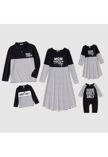 Family Matching Striped Splicing Long-sleeve Letter Print Cotton Dresses and Polo Shirts Sets