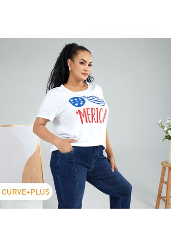 Women Plus Size Letter Print Casual Pretty Short-sleeve White Tee