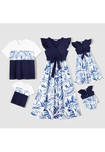 Family Matching Allover Palm Leaf Print & Solid Spliced Surplice Neck Flutter-sleeve Dresses and Colorblock Short-sleeve T-shirts Sets