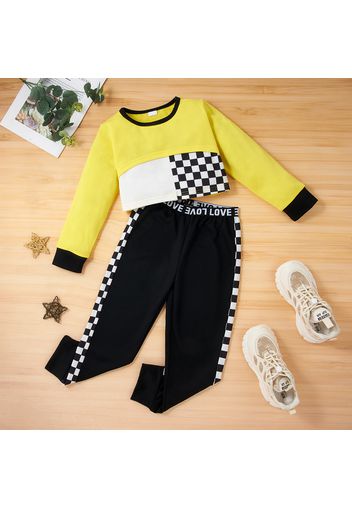 2-piece Kid Boy/Kid Girl Colorblock Plaid Pullover and Letter Print Pants Set