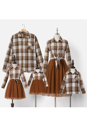 Khaki Plaid Family Matching Long-sleeve Lapel Shirts and Mesh Skirts Sets