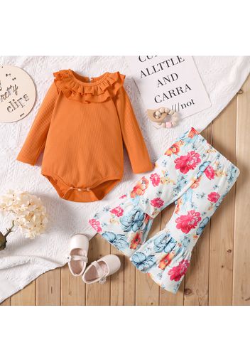 2pcs Baby Girl Orange Ribbed Layered Ruffle Collar Long-sleeve Romper and Floral Print Bell Bottom Pants Set