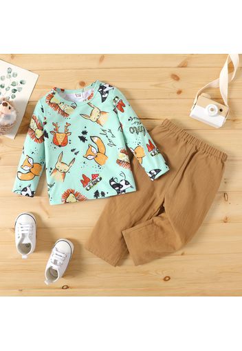 2pcs Baby Boy 100% Cotton Pants and Allover Cartoon Animal Print Long-sleeve T-shirt Set