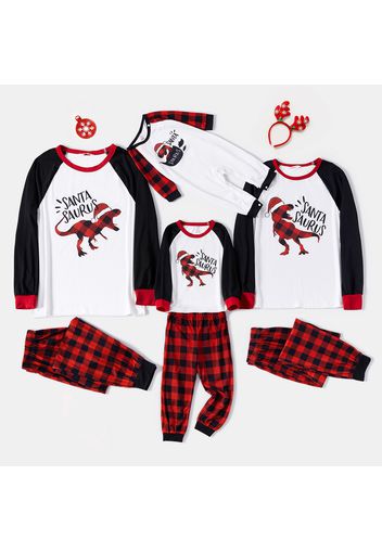 Christmas Red Plaid Dinosaur and Letter Print Family Matching Raglan Long-sleeve Pajamas Sets (Flame Resistant)