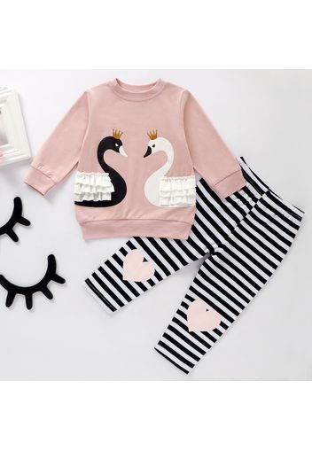 2pcs Swan and Stripe Print Long-sleeve Baby Set