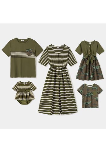 Family Matching Striped Short-sleeve Dresses and Letter Dinosaur Print T-shirts Sets