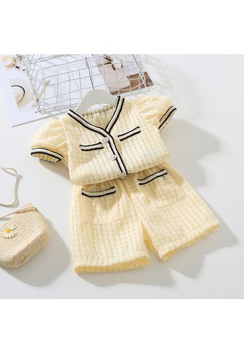 2pcs Toddler Girl Tweed Textured Button Design Short-sleeve Top and Elasticized Pocket Design Shorts Set