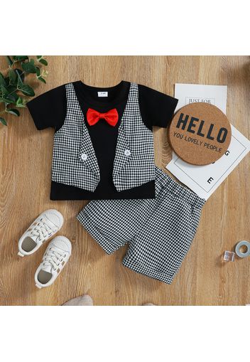 2pcs Baby Boy Gentleman Bow Tie Short-sleeve Plaid Faux-two Top and Shorts Set