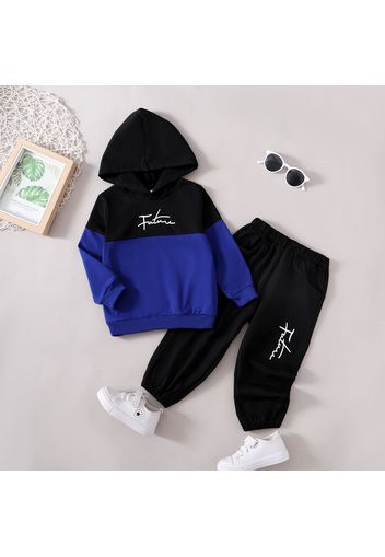 2pcs Toddler Boy Letter Print Colorblock Hoodie Sweatshirt and Black Pants Set