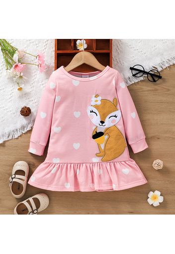 Toddler Girl Fox Embroidered Heart Print Ruffle Hem Long-sleeve Pink Dress