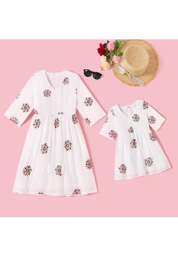 Allover Floral Embroidery White V Neck Half-sleeve Tassel Chiffon Dress for Mom and Me