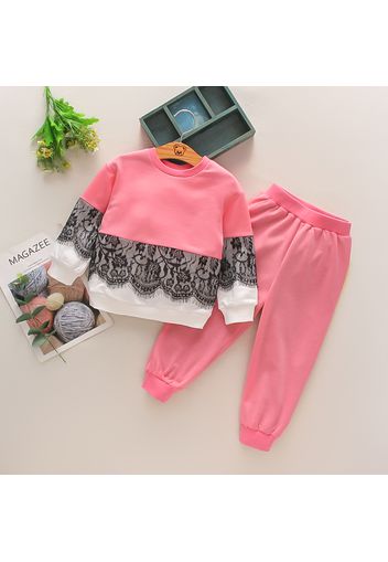 2-piece Toddler Girl Lace Design Colorblock Pullover and Pink Pants Set