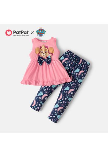 Paw Patrol 2pcs Toddler Girl Bowknot Design Ruffle Hem Sleeveless Pink Tee and Allover Print Leggings Set