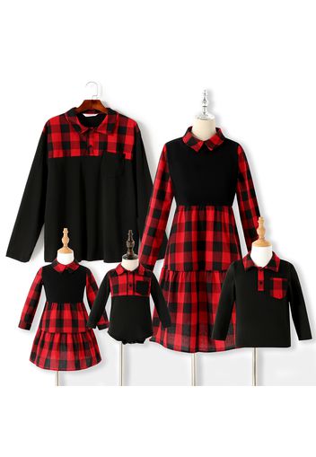 Christmas Red Plaid Family Matching Long-sleeve Lapel Splicing Dresses and Polo Shirts Sets