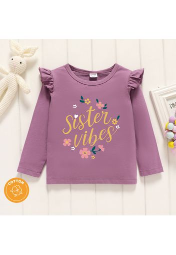 Toddler Girl Graphic Letter and Floral Print Ruffled Long-sleeve Tee