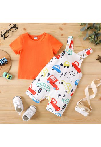 2pcs Baby Boy Solid Short-sleeve Tee and All Over Cartoon Vehicle Print Overalls Set