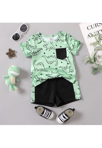 2pcs Baby Boy Allover Dinosaur Print Short-sleeve T-shirt and Colorblock Shorts Set