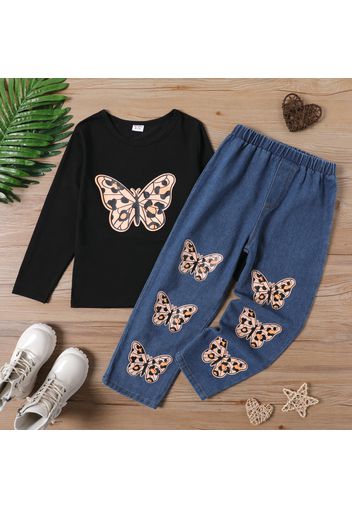 2-piece Kid Girl Butterfly Print Long-sleeve Black Tee and Elasticized Denim Jeans Set