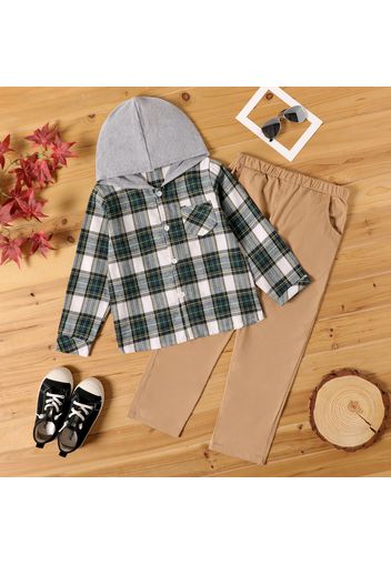 2-piece Kid Boy Plaid Hooded Long-sleeve Shirt and Khaki Pants Set